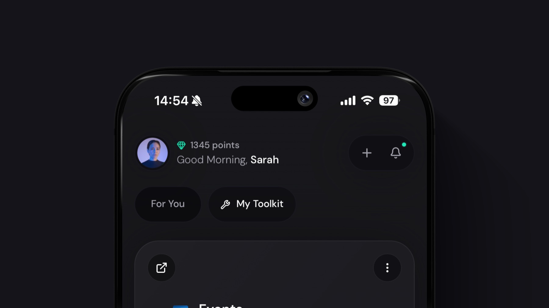 The hub on opening the app